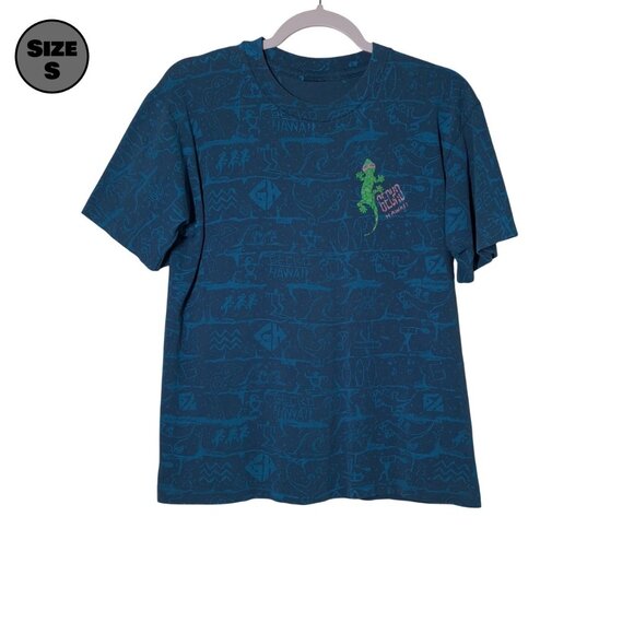 VINTAGE Gecko Hawaiian All-Over Print USED Shirt (S, Single Stitch, Blue, AOP) - Picture 1 of 8